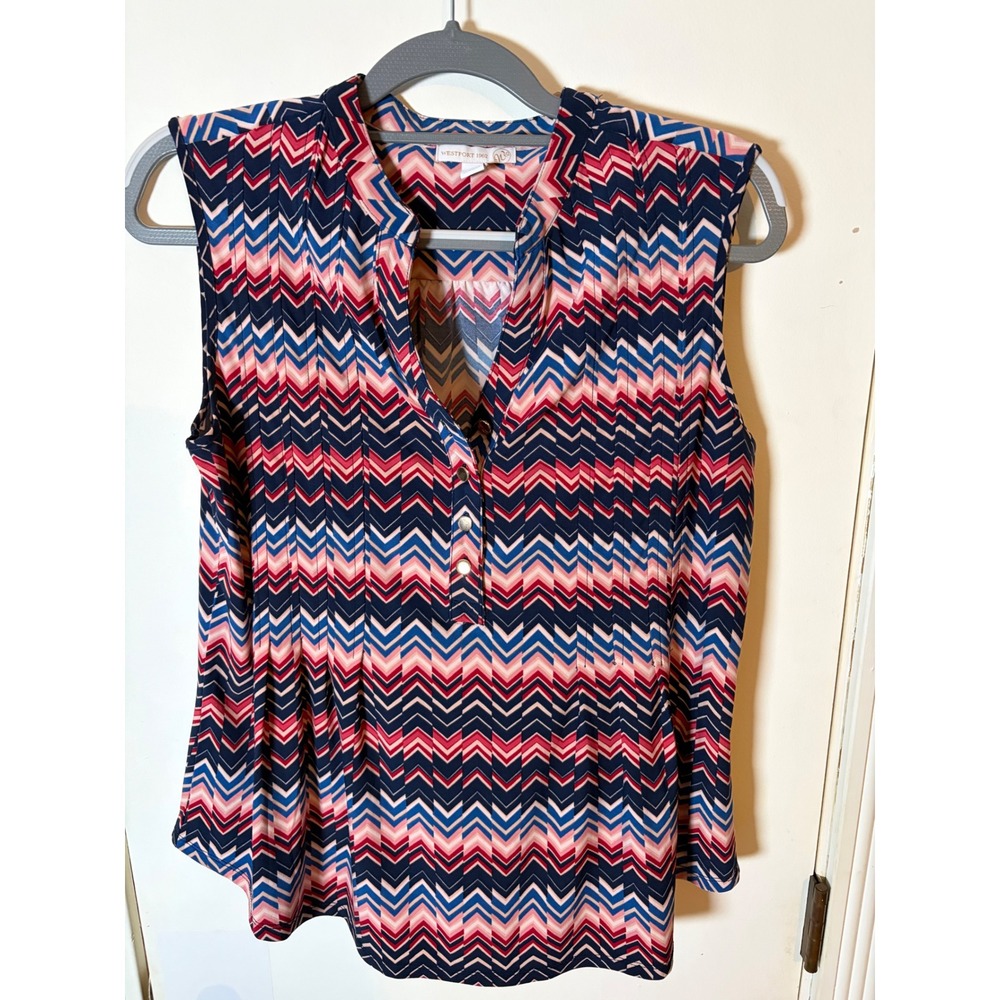 Westport 1962 Womens Large Chevron Zigzag Sleeveless Pleated V-Neck Top Navy Red